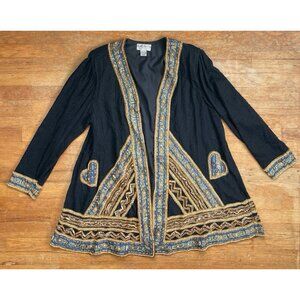 Vintage Beaded Silk Long Jacket Size XL 1980s Embroidered Wood Beads Open Front